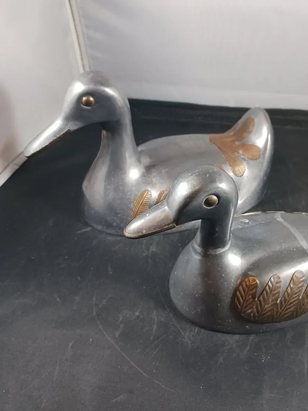 2 Vintage Duck Shape Pewter with Brass Inlay